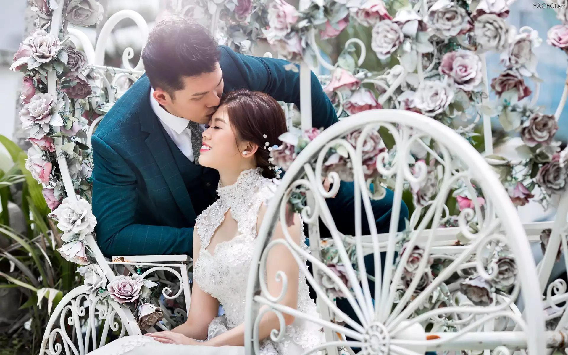 Kwiaty, Ślub, Kobieta, Para młoda, Mężczyzna